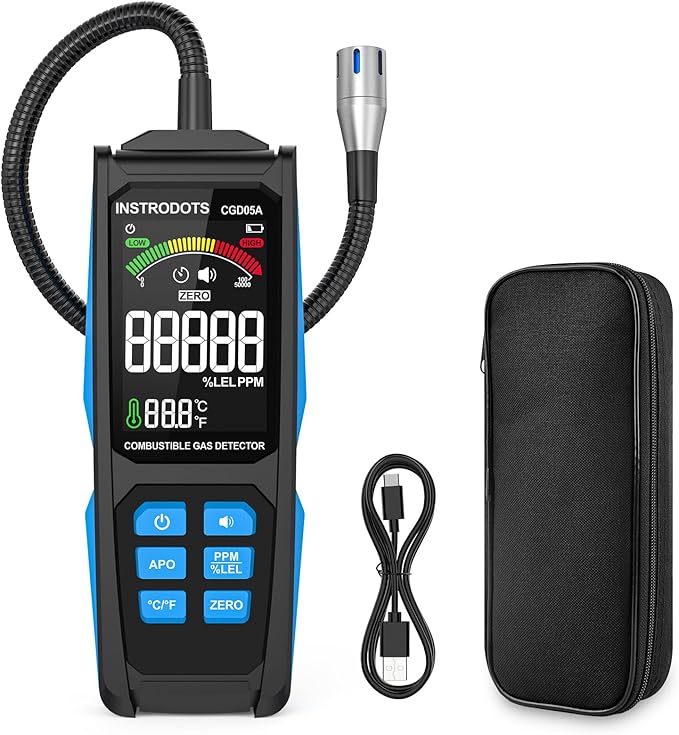 INSTRODOTS Natural Gas Detector, Gas Leak Detector with Audible & Visual Alarm, Rechargeable Gas Sniffer with 11.3-inch Gooseneck, Locating Propane, Natural Gas, Combustible Gas Leak for Home and RV