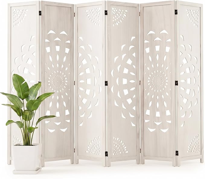 6 Panel Room dividers, 66.9" Boho Double-Sided Carved Screen, Freestanding by Shinkael