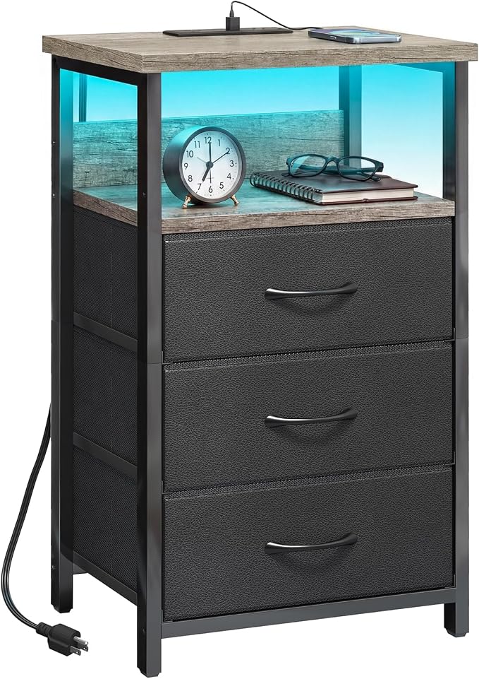 Fixwal Night Stand with 3 Fabric Drawers, Nightstand with Charging Station | by Fixwal
