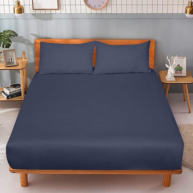 ROYALE LINENS 300 Thread Count 100% Long Staple Combed Cotton Fitted Sheet Twin XL - Super Soft Deep Pocket Bottom Sheet - Fitted Sheets Only - Elastic Sheets (Twin XL, Navy)