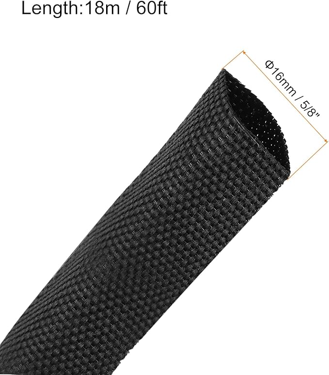 MECCANIXITY Braided Cable Sleeves Heat Shrinkable Fabric Sleeving, 5/8" 60ft Black 2:1 Ratio Heat Shrinkable Cord Protector for Harness Cable, Network Cable Protection, Cable Management