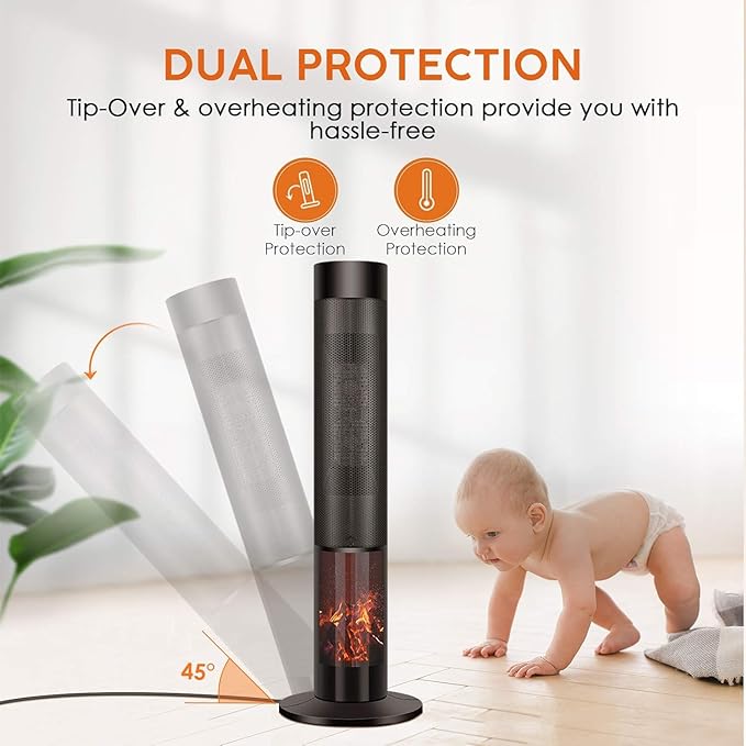 Air Choice 36" Tower Space Heater for Large Room, 1500W PTC Electric Fireplace Heater, Adjustable Thermostat, 4 Modes, 3D Flame,12H Timer, Oscillation, Remote, Heater for Indoor Use, Bedroom, Office