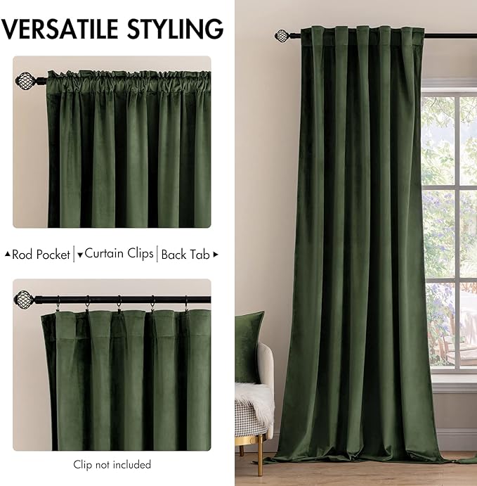 MIULEE Velvet Curtains 52x80 inches 2 Panels Olive Green Blackout Curtains | - Image 2