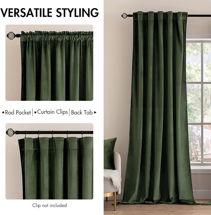 MIULEE Velvet Curtains 52x132 inches 2 Panels Olive Green Blackout Curtains | - Image 2