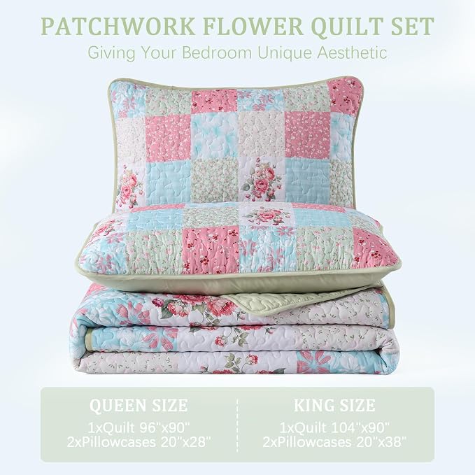 Mybedsoul Blue Pink Patchwork King Size Quilt, Soft Boho Floral King Bedspreads - Image 7