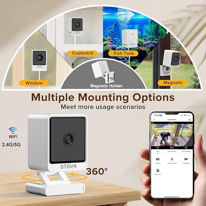 STSVA 3MP 2K Window Security Camera,2.4G&5G WiFi Indoor Camera for Home with Color Night Vision,24/7 Recording,Motion Detection,Support SD Card and US Cloud Storage.(1PCS)