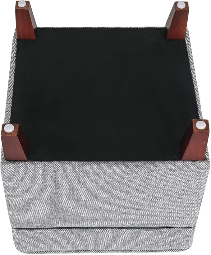 Adeco 17" Square Ottoman with Storage, Small Blue Storage Ottoman Foot Rest with Hinged Lid & Solid Wood Legs, Linen Fabric Foot Stool for Living Room & Bedroom