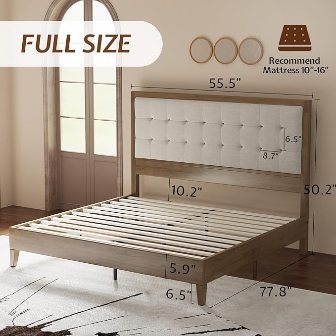 Jocisland Wood Full Size Bed Frame,Tall Upholstered Tufted Headboard, Solid Wood Platform, No Box Spring Needed, Ash Gray