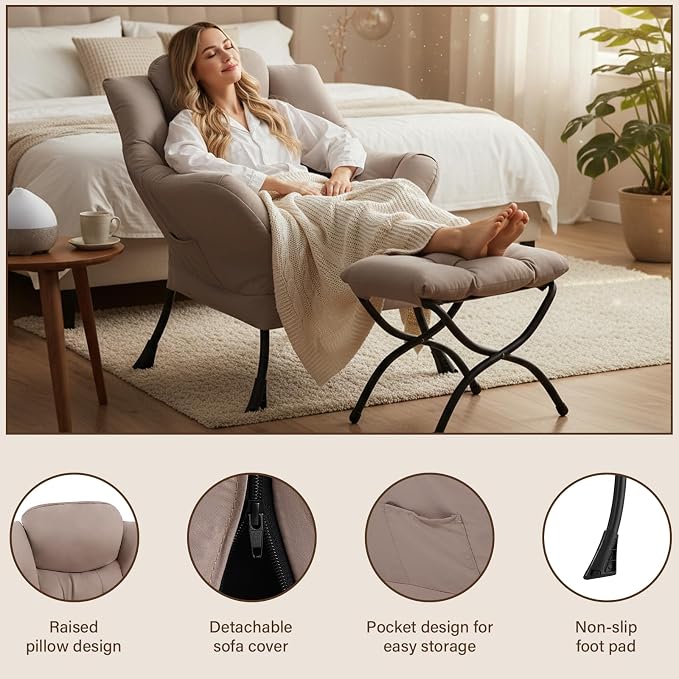 Welnow Lazy Chair with Ottoman, Reading Chair with Footrest，Khaki | A Side - Image 5