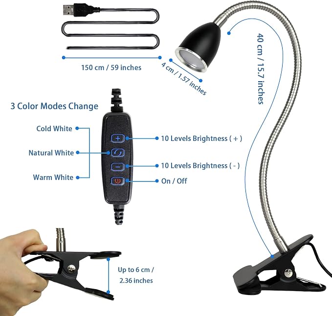 Desk lamp Eye-Caring Table Lamps, 360°Rotation Gooseneck Clip on Lamp Reading - Image 6