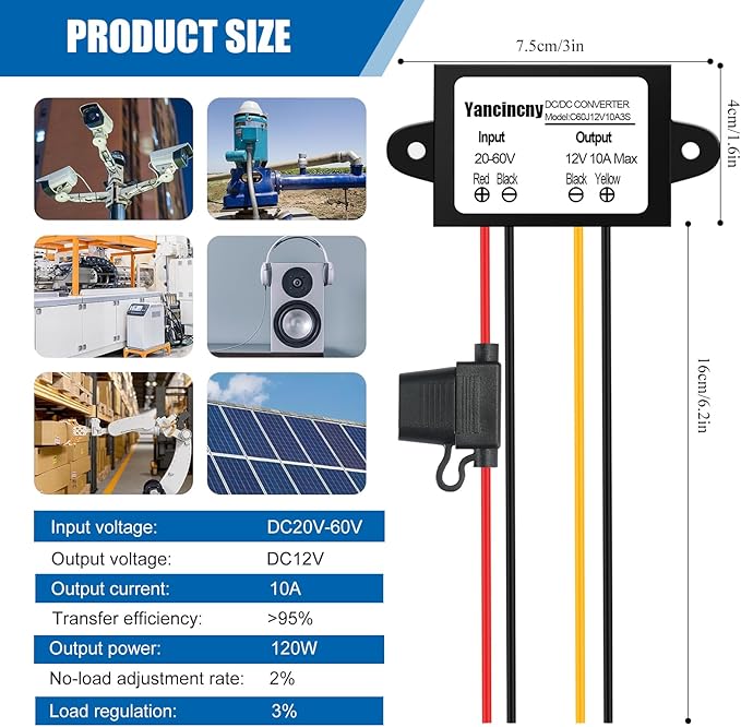 Yancincny DC 20V-60V to 12V Buck Converter 10A 120W Golf Cart 24V 36V 48V 60V Step Down to 12V Converter Voltage Regulator Reducer with Fuse Waterproofing Transformer for Golf Cart Club Car LED Lights