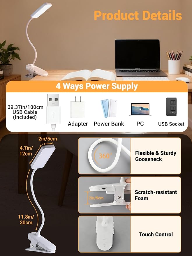 Clip on Light, 45 Lighting Modes Rechargeable Desk Lamp - Image 7