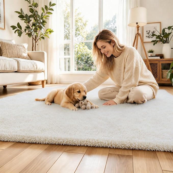 Small Shag Area Rug for Bedroom, 2x3 Cream Soft Plush Carpet | Non-Slip Floor - Image 3