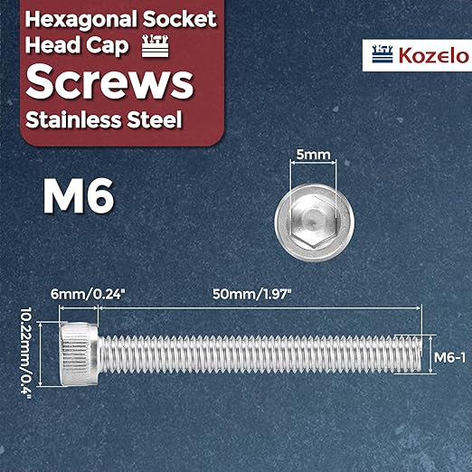 Kozelo 15pcs Socket Head Cap Screws - [M6-1 x 50mm] 304 Stainless Steel Allen Socket Drive for Electrical Motor 3D Printing Fan Engine Replacement Use, Silver