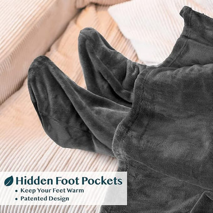 PAVILIA Fleece Blanket with Sleeves, Foot Pockets for Women Men Adults, Plush Wearable Blanket Throw Wrap, Warm Snuggle Blanket Robe, Cozy Gift Ideas Wife Mom, Dark Gray