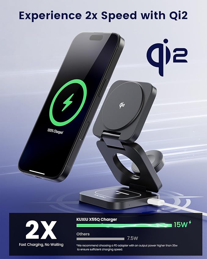 KU XIU X55Q Foldable 3 in 1 Magnetic Wireless Charger, 15W Qi2 Fast Charge for iPhone 17/16/15/14/13/12 and iPhone Air, 5W for Apple Watch 11–4/SE/Ultra, for AirPods 4/3/2/Pro 3/2/1 with 45W Adapter
