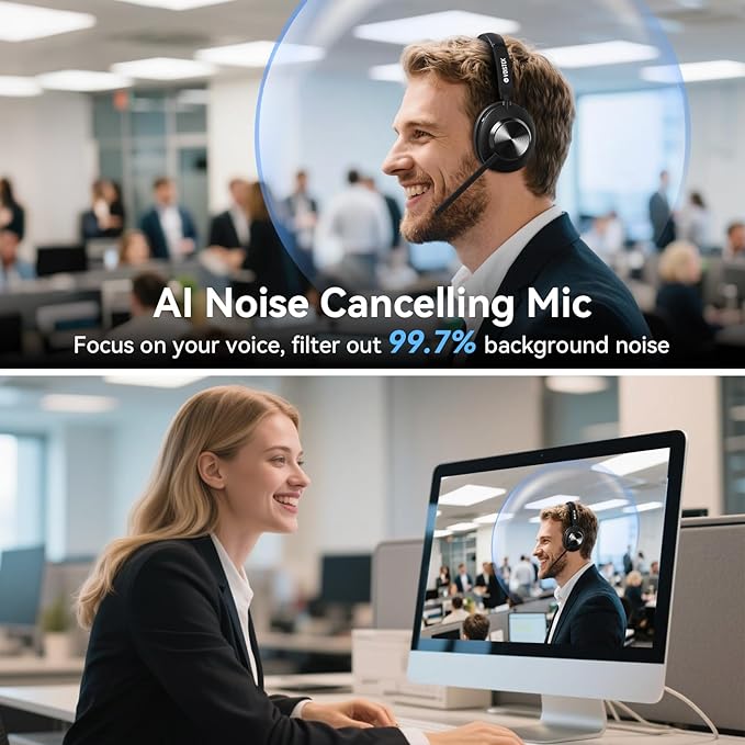 Wireless Headset with Mic, Wireless Work Headset with Mic Noise Cancelling & Mute Button (with Bluetooth V5.3, USB Dongle) for PC Computer Laptop Cell Phones Remote Work Home Office Call Center Zoom
