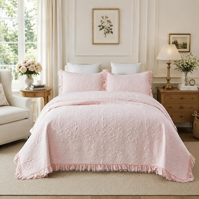 Brandream Queen Size Quilt Set Cotton Light Pink Quilts Shabby Chic Bedding - Image 2