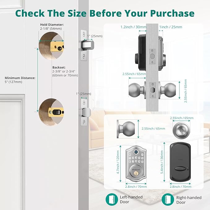 AkaGear DS10 Keyless Entry Door Lock with Door Knob, Fingerprint Door Lock, Electronic Keypad Deadbolt, Smart Door Lock, Smart Locks for Front Door, Auto-Lock - Satin Nickel