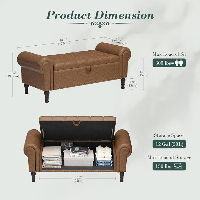 Apicizon 51” Bench with Storage, Upholstered Tufted Button Bedroom Bench with - Image 2