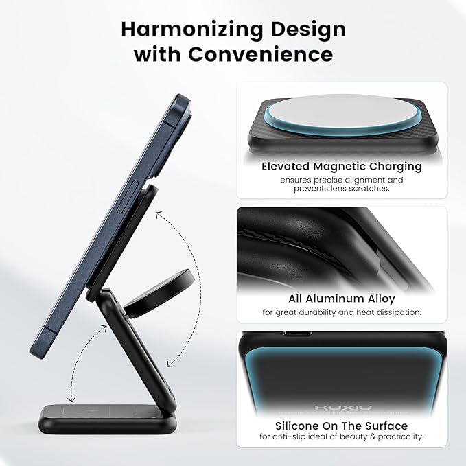 KU XIU X40 Plus Foldable Magnetic Wireless Charger, Portable 3 in 1 Charging Station for iPhone 17/16/15/14/13/12 & iPhone Air, 5W for iWatch S11–4/SE/Ultra 3/2/1 and AirPods 4/3/2/Pro, Carbon Fiber