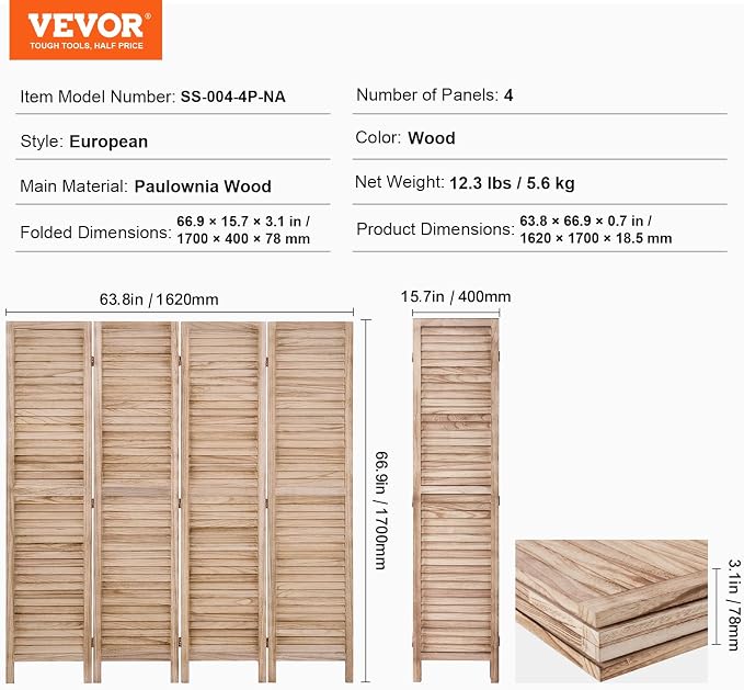 VEVOR Wood Room Divider, 4 Panel Wood Folding Privacy Screen, 66.9 Inches Tall - Image 7