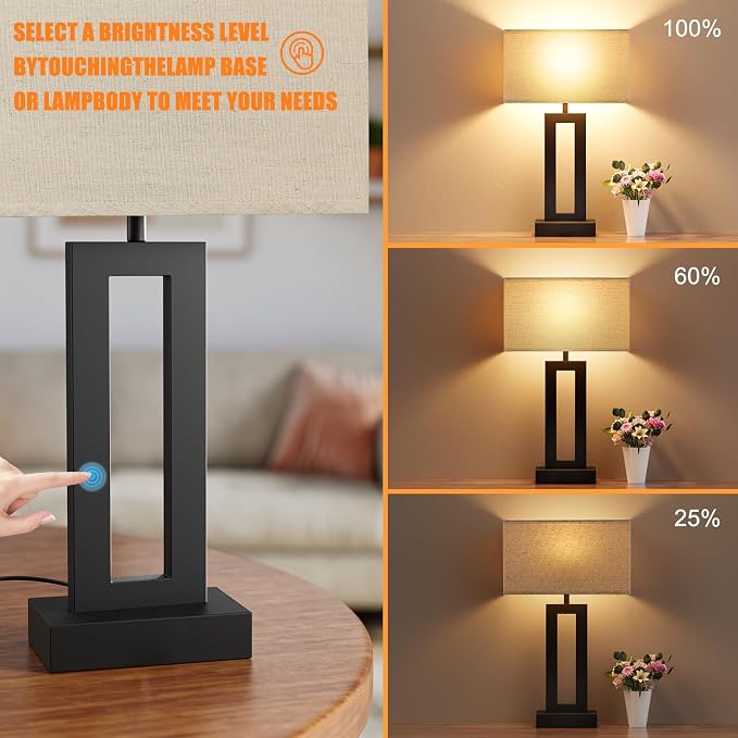 19.6" Touch Lamps for Nightstand, 3 Way Dimmable Bedroom Lamp, USB C+A | Touch - Image 2