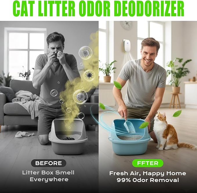Cat Litter Deodorizer 99% Ozone Odor Eliminator Negative Ion 2-IN-1, Plug In Ionic Air Purifier Filter-free Quiet Portable for Home, Pets, Kitchen, Toilet, Wardrobe, Shoe, Garage Room