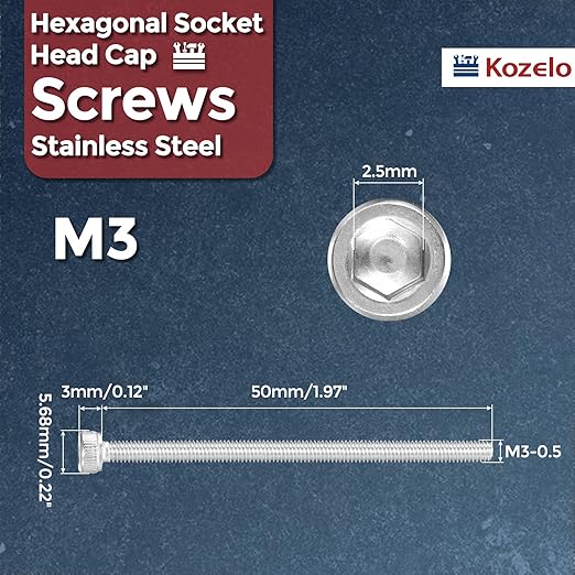 Kozelo 20pcs Socket Head Cap Screws - [M3-0.5 x 50mm] 304 Stainless Steel Allen Socket Drive for Electrical Motor 3D Printing Fan Engine Replacement Use, Silver