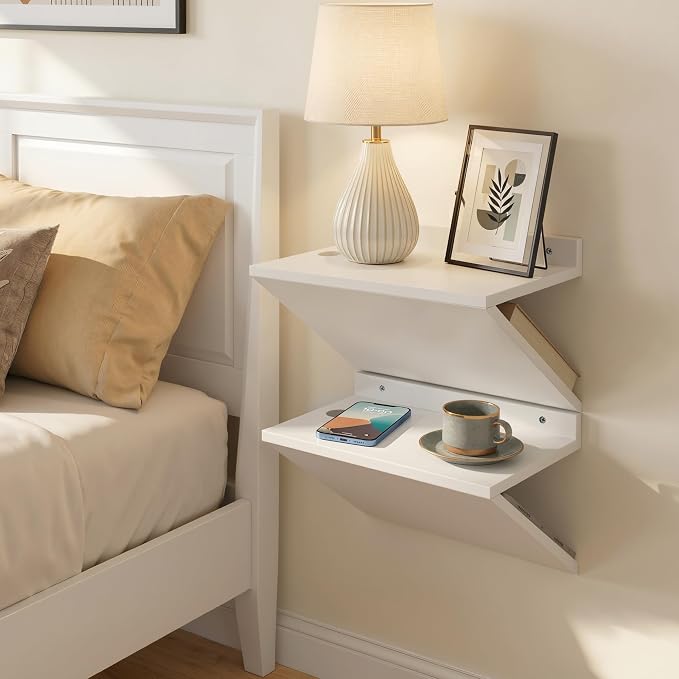 Floating Nightstand Set of 2 White Wood Bedside Table Wall Mounted | Z-Shape - Image 5