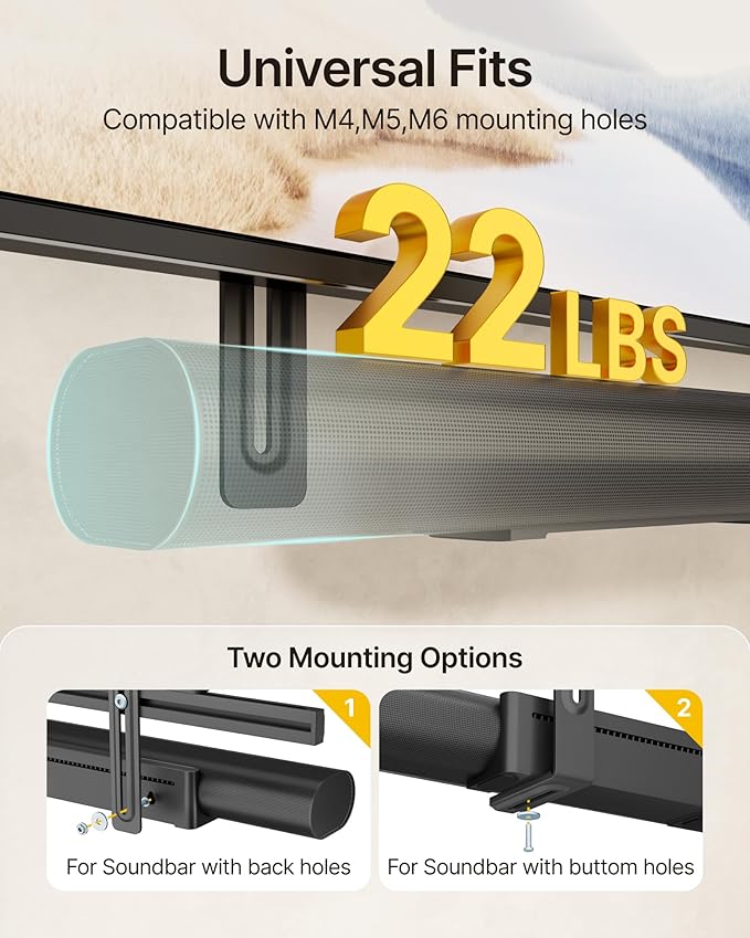 monTEK Soundbar Mount up to 22 lbs fits Sonos Arc/Arc Ultra/Beam/Ray/Playbar, Bose Soundbar 500/700, Samsung & Sony & LG & JBL, Adjustable Soundbar Mount Under TV, Black
