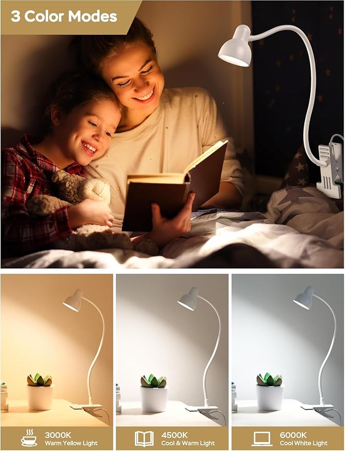 Clip on Lamp USB Reading Light, 3 Color Modes, 360° Flexible Desk Lamp - Image 2