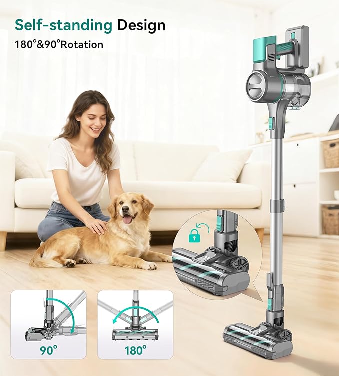 Yassol S10K Cordless Vacuum Cleaner, 55Kpa 60mins Lightweight Stick Vacuum with Powerful Suction for Home, Rechargeable, Self-Standing, Handheld Vacuum Cleaners for Hardwood Floors, Carpets, Pet Hair