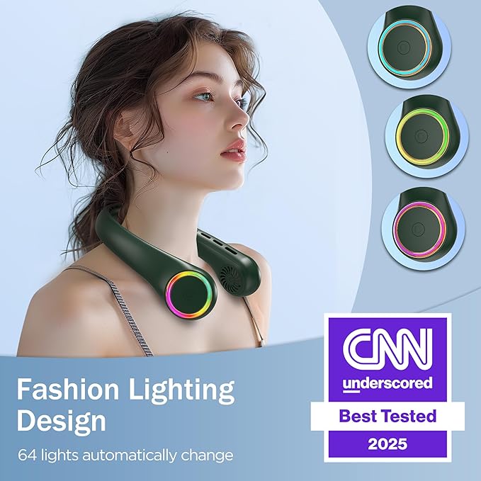 Neck fan, Portable Fan with 5-17H Lifespan, 4000mAh Neck fan air conditioner with 3 Adjustable Speeds and 64 Cool Lights, Rechargeable Neck Fan, Hands-Free Cooling fan for Summer (Dark Green)