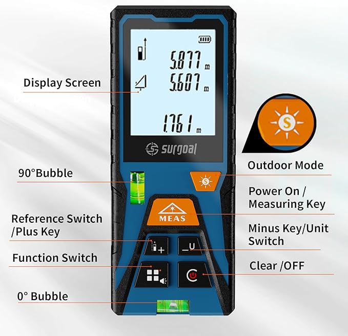 Laser Distance Meter 196ft – Digital Laser Measuring Tool with LCD Backlit Display, Area Volume Pythagorean, ±2mm Accuracy, Class II, Electronic Tape Measure for DIY Construction – AAA Battery Powered