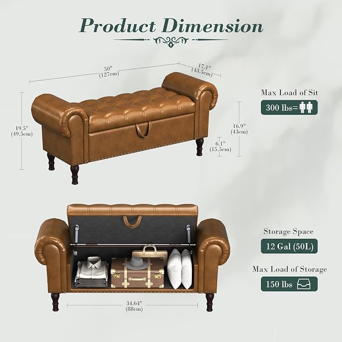 Apicizon 50" Bench with Storage, Upholstered Tufted Button Bedroom Bench with - Image 2