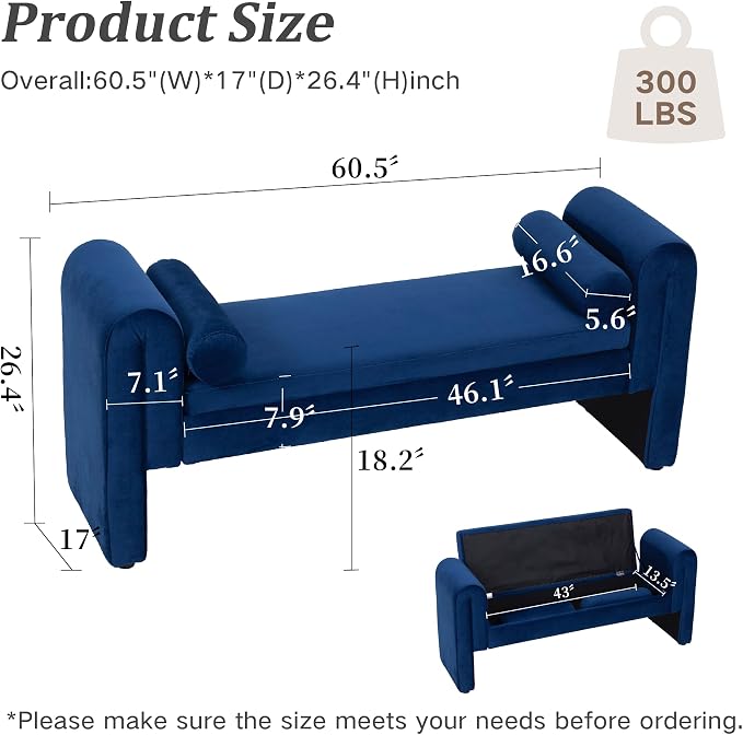 61" Velvet End of Bed Bench, Upholstered Seat - Image 2
