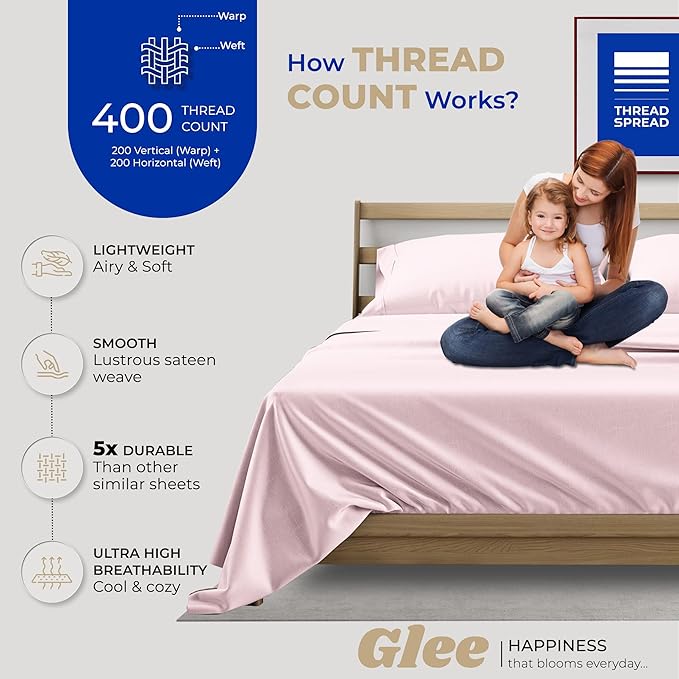 THREAD SPREAD Twin XL Sheet Sets Cotton - 400 Thread Count 100% Cotton XL Twin Sheets, 3 PC (Blush), Luxury Soft, Breathable, Cooling, Extra Large 16" Deep Pocket Sateen Bedsheet for Dorm Rooms