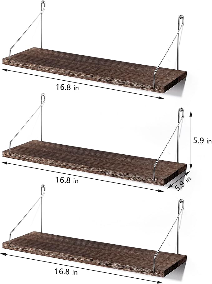 Floating Wall Shelves, Rustic Wood Wall Mounted Shelf Set of 3 | No Drill - Image 3