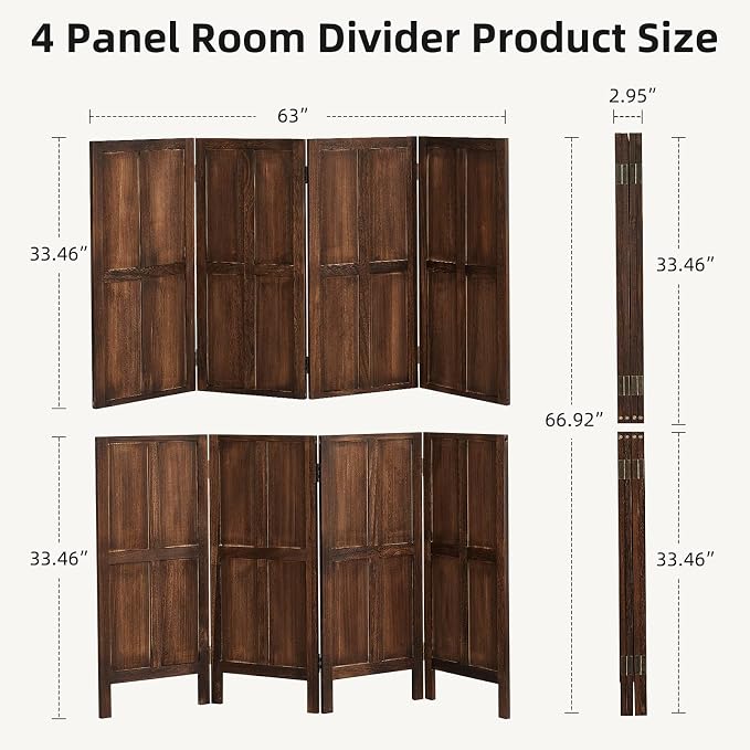 Wood 4 Panel Room Divider, 5.6Ft Detachable Folding Privacy Screen - Image 9