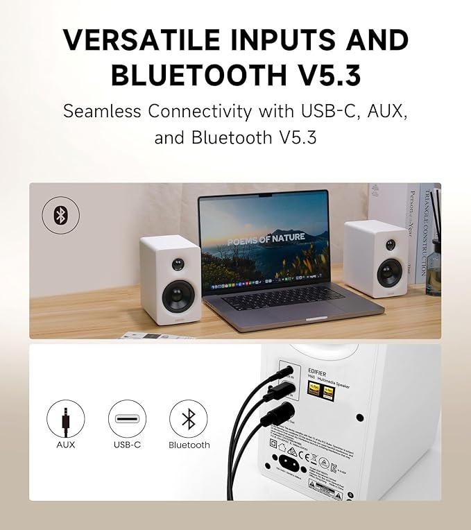 Edifier M60 Multimedia Speaker Bluetooth 5.3, 66W RMS, Hi-Res Audio & Hi-Res Wireless Audio, LDAC,3" Mid Bass & 1" Tweeter, USB-C & Aux Inputs, Compact Desktop Speaker - White