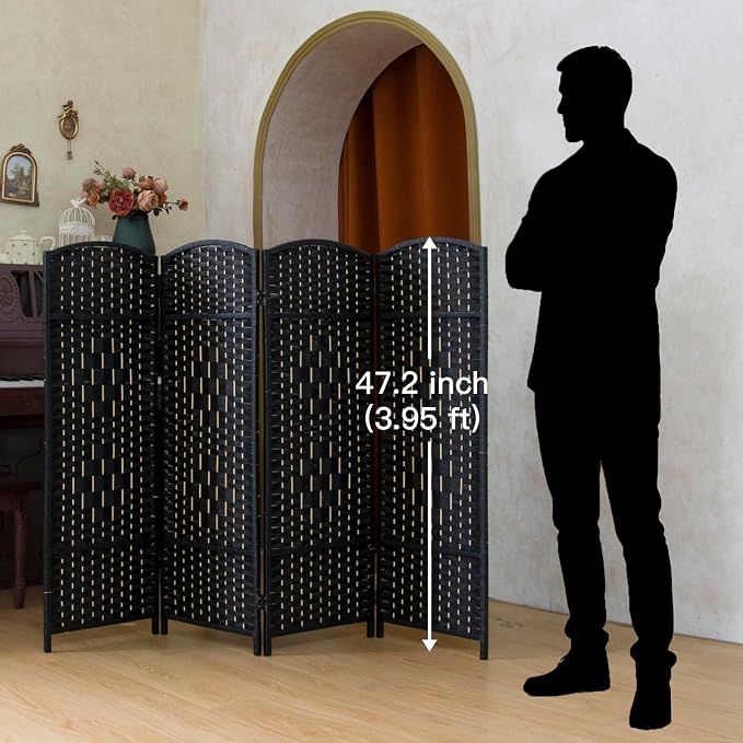 Compact 4 Panel Short Room Divider, 47.2 Inch Tall Double-Sided Rattan Folding - Image 2