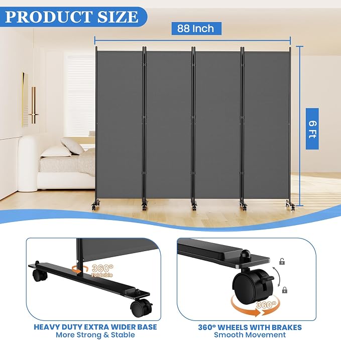 SUNALLY Room Divider Privacy Screens, 4 Panels Dividers - Image 2