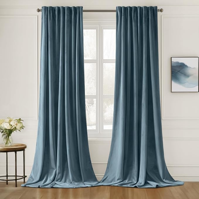 MIULEE Stone Blue Velvet Pinch Pleat Blackout Curtains W52 X L90 Inches | 2 by MIULEE