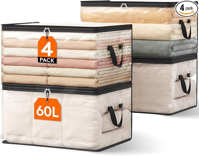 Lifewit 4 Pack Clear Clothes Storage Bags, 60L Plastic Blanket Vinyl Foldable by Lifewit