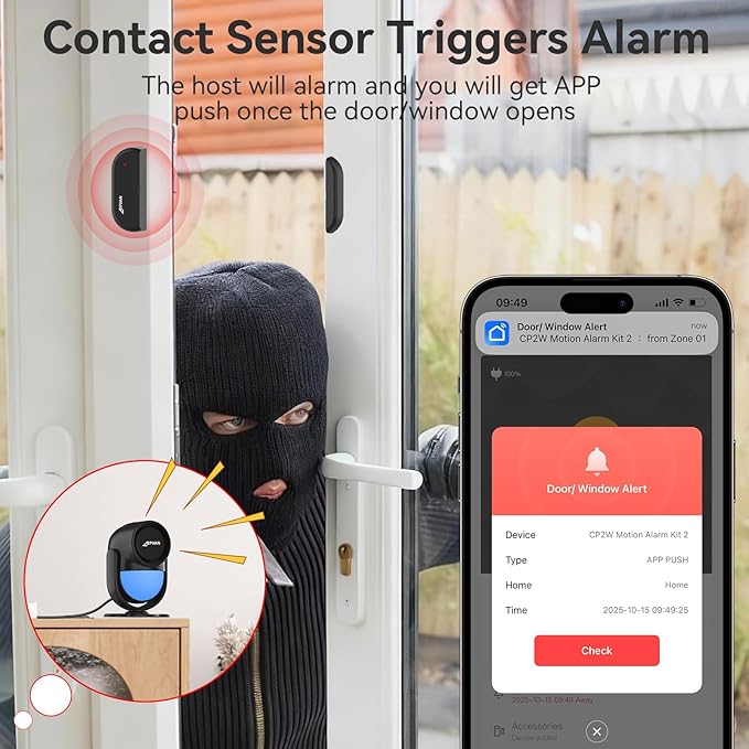 CPVAN WiFi Motion Sensor Alarm, 125dB Wireless DIY Smart PIR Motion Detector with Door/Window Sensor for Home Security System - On Spot Alarm & APP Alert, Black