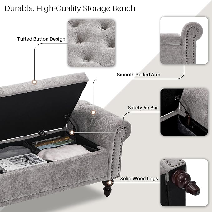 SOFTHION 67" Storage Bench for Bedroom, Chenille Upholstered, Light Grey | King - Image 4