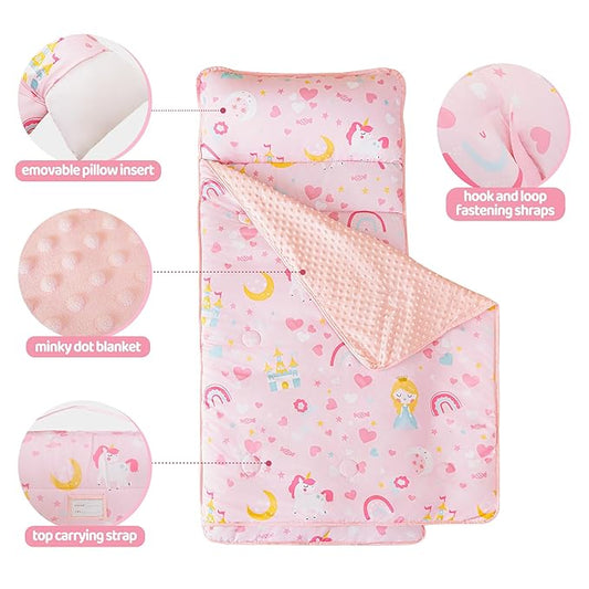 Viviland Toddler Kid Nap Mat for Preschool, Girls Pink Princess Daycare Kindergarten Slumber Bag