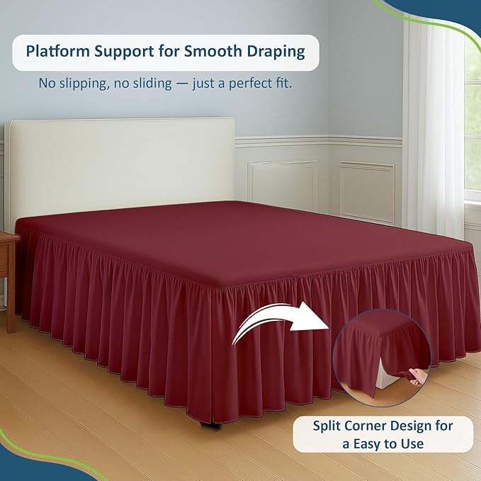 Rajlinen Ruffled Bed Skirt King, 12 Inch Drop Dust Ruffle with Split Corners, 100% Microfiber Bedskirt with Platform, Three-Sided Coverage Ruffled Gathering Design, Burgundy