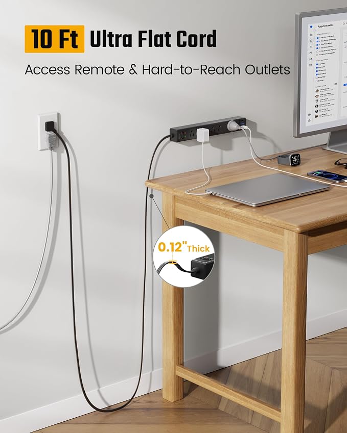 10Ft Long Extension Cord, SUPERDANNY Flat Plug Surge Protector Power Strip | - Image 2